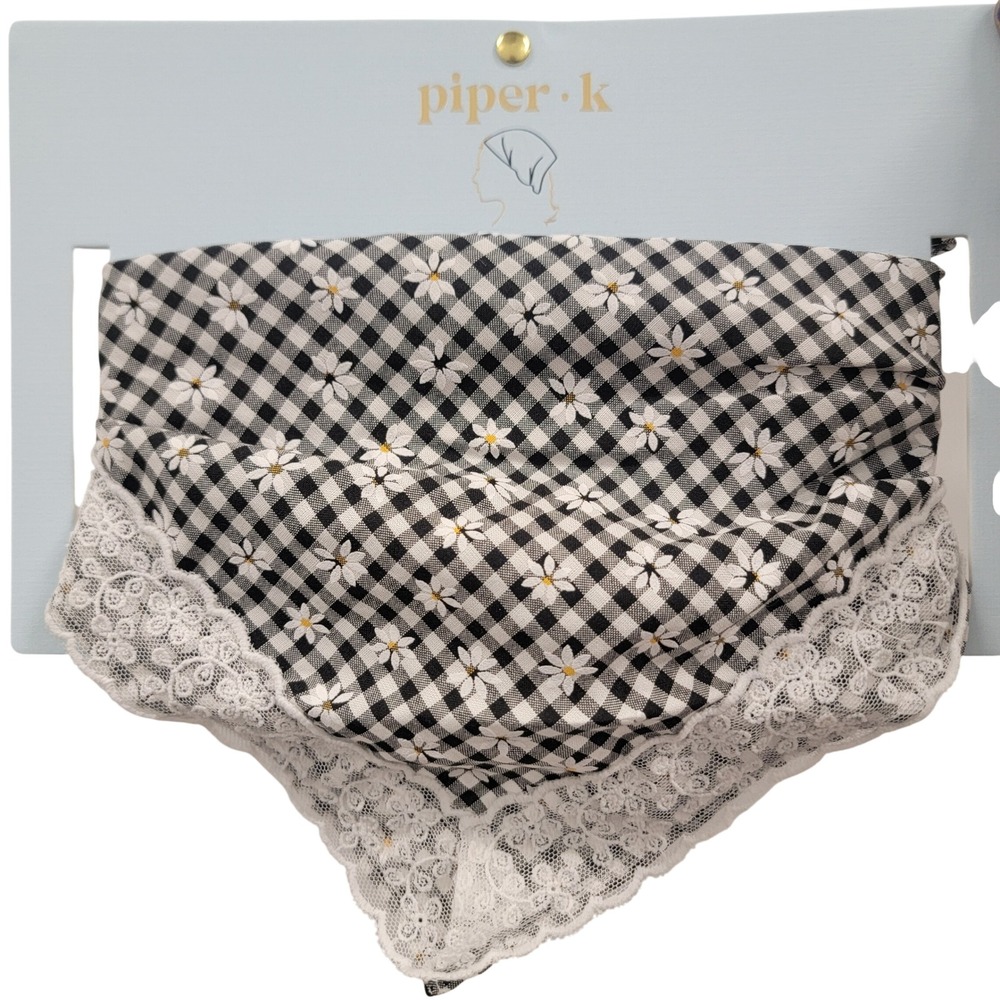 NEW Piper K Gingham Daisy Floral‎ Head Scarf Lace Trim Cottagecore Tie Back